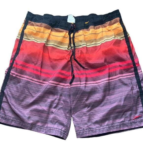 Speedo Mens Size XL Red Orange Horizontal Ombre Stripes Red Lined Swim Trunks - Picture 1 of 11